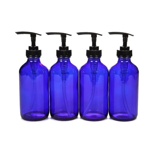 Vivaplex, 4, Large, 8 oz, Empty, Cobalt Blue Glass Bottles with Black Lotion Pumps