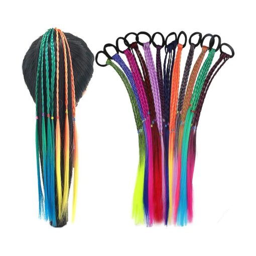 12 Pieces Colored Braids Hair Extensions with Rubber Bands Rainbow Braided Synthetic Hairpieces Ponytail Hair Accessories for Women Kids Girls Party Highlights Cosplay Dress Up