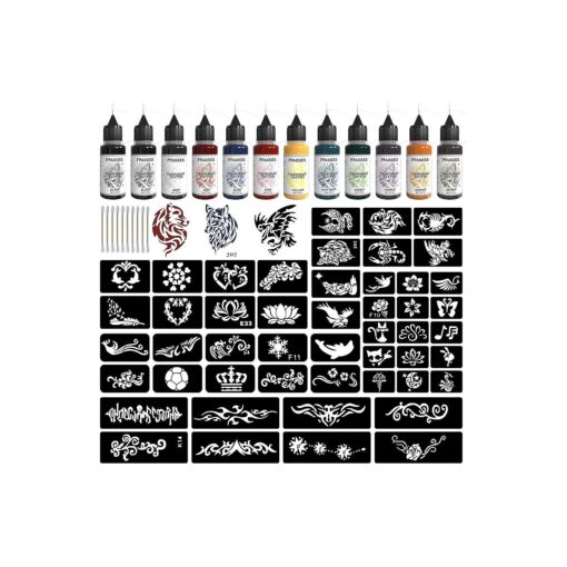 PFARRER Temporary Tattoo Kit12 Bottles Color Temporary Tattoo Ink,49 Big Pcs Stencils Kit for Body Paint DIY Fake Tattoos for Kids ( Black * 2, Red, Green, Blue, Pink, Grey, Navy, Yellow, Purple, Brown, Orange )