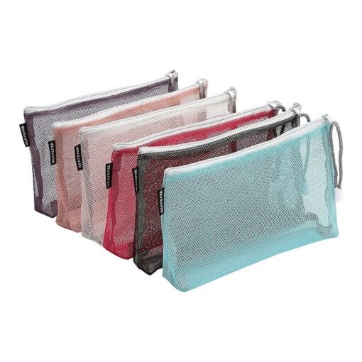 Sea Team 6pcs Multicolored Portable Travel Toiletry Pouch Nylon Mesh Cosmetic Makeup Organizer Bag with Zipper, Colorful