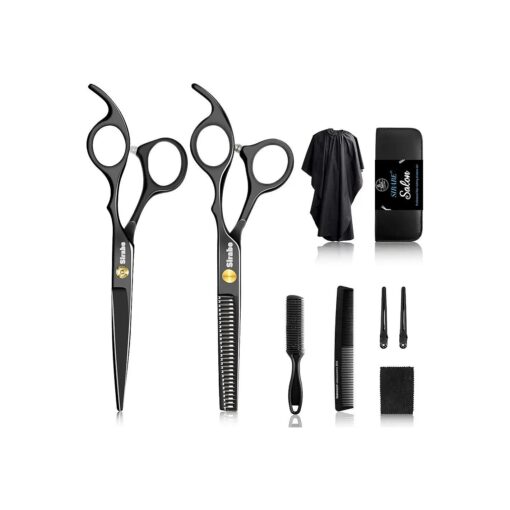 Sirabe 10 PCS Hair Cutting Scissors Set, Professional Haircut Scissors Kit with Cutting Scissors, Thinning Scissors, Comb, Cape, Clips, Black Hairdressing Shears Set for Barber, Salon, Home