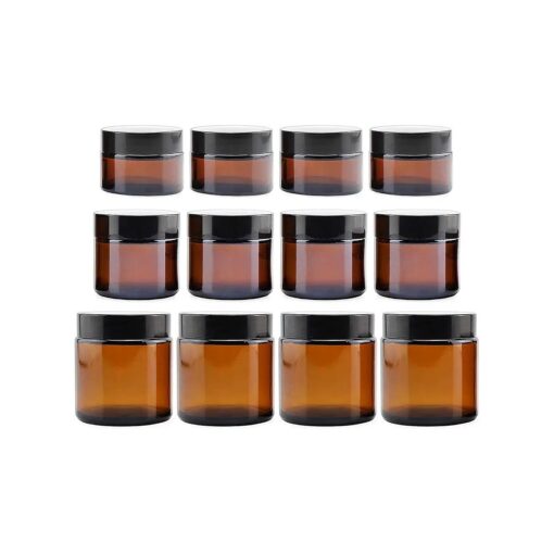 Cornucopia 1, 2 & 4-Ounce Amber Glass Straight Sided Jars ( Combo Pack, 4 Each / 12 Total ) ; Great Containers for Cosmetics, Lotions, Body Scrubs & Balms