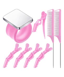 Magnetic Wrist Sewing Pincushion Pin Holder Wristband Pin Cushion Holder with 2 Pieces Stainless Steel Pintail Rat Tail Comb, 5 Pieces Wide Teeth Alligator Sectioning Hair Clip for Hair Sewing ( Pink )