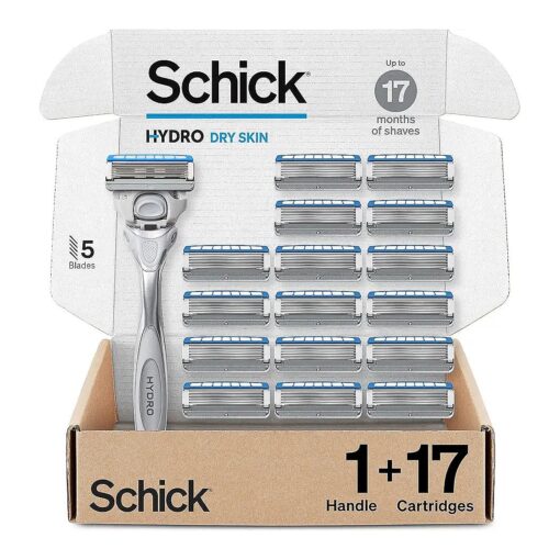 Schick Hydro Dry Skin Razor, 1 Razor Handle and 17 Cartridges | Razors for Men, 5 Blade Razor Men, Mens Razors for Shaving, Razor Blades for Men, 1 Handle with 17 Razor Blades Refills