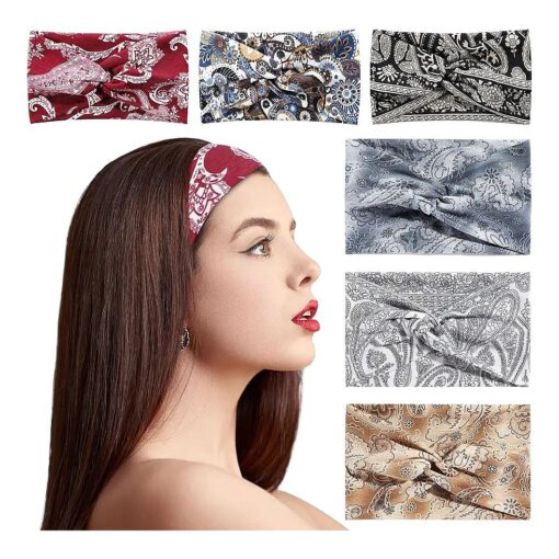 Achiou Boho Headbands for Women, Twist Knotted Head Bands for Women 's Curly Hair Non Slip, Wide Turban Cloth Hairbands, Elastic Hair Accessories for Girls Yoga 6 Pack Two Size