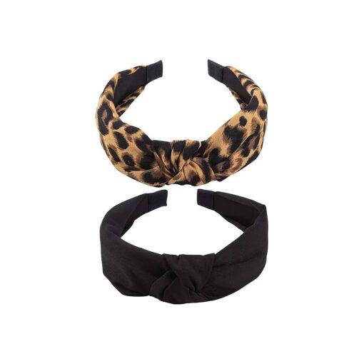 2PCS Headbands for Women Leopard Headband Knotted Headband for Girls Fashion Wide Headband Non Slip Hairband Elastic Hair Accessories ( Black, Leopard )