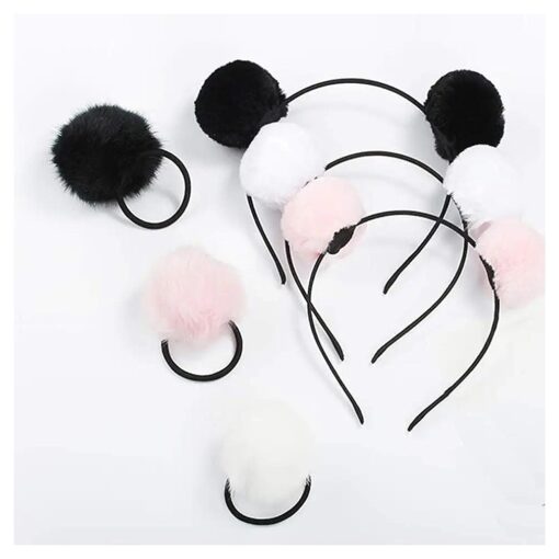 lasenersm 6 Pieces 3 Pairs Fluffy Furry Pom-Ball Headband and Elastic Hair Ties Fuzzy Faux Fur Animal Ears Double Pom-Headband Pom-Ball Hair Band for Girls and Women