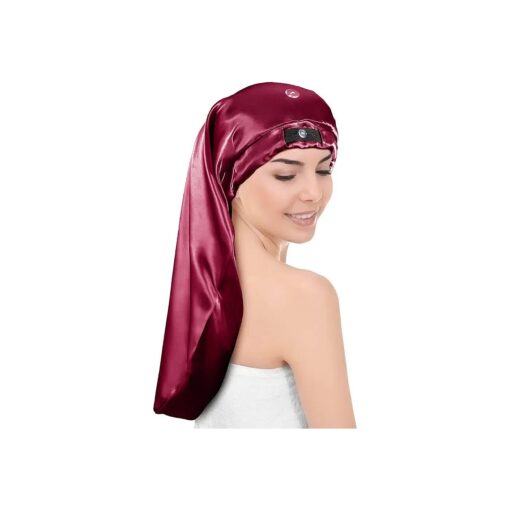 Long Satin Sleep Bonnet- Extra Large Foldable Sleeping Cap for Curly Hair and Dreadlock for Women ( Wine Red )