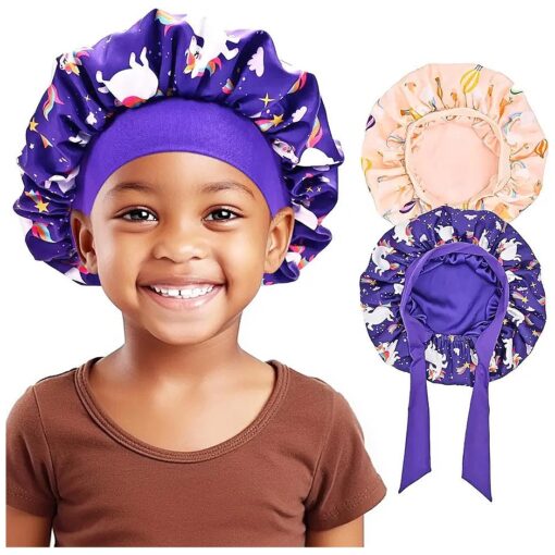 Lolalet 2 PCS Kids Bonnets for Girls, Reversible Silk Bonnet for Sleeping Satin Bonnet Cap with Wide Elastic Band -Purple & Pink