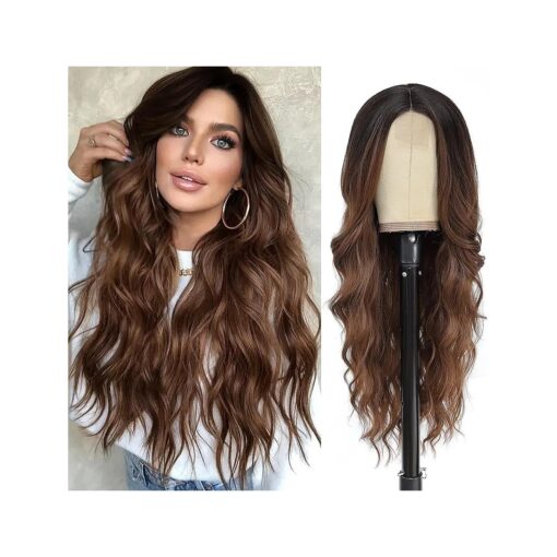 NAYOO Long wavy Wigs for Women Middle Part Wavy Curly Wig with Dark Roots Synthetic Heat Resistant Fiber Women Wigs for Daily Party Use ( Ombre Brown ) ...