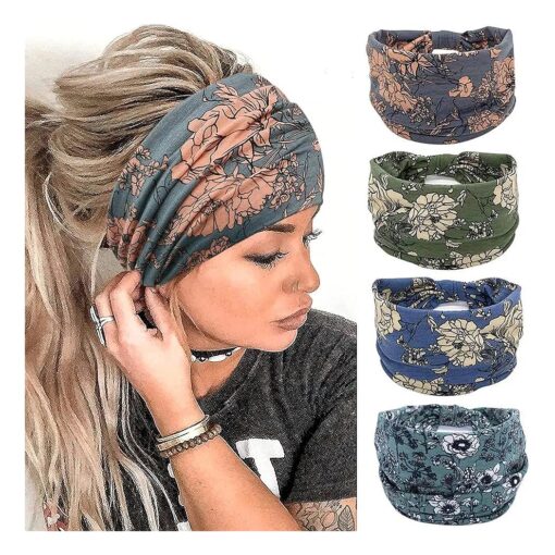 Wide Boho Headbands for Women Fashion Knotted Headband Yoga Workout African Head Wrap 4 Pack