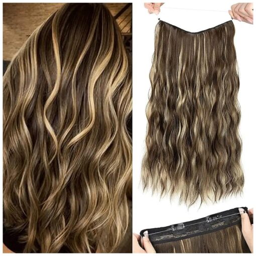 HOOJIH Wire Hair Extensions 2 Ways Adjustable Headband Size Curly Wavy Invisible Wire Wigs 20 Inch 140 Gram for Women - Deep Almond Brown with Wheat Germ Blonde