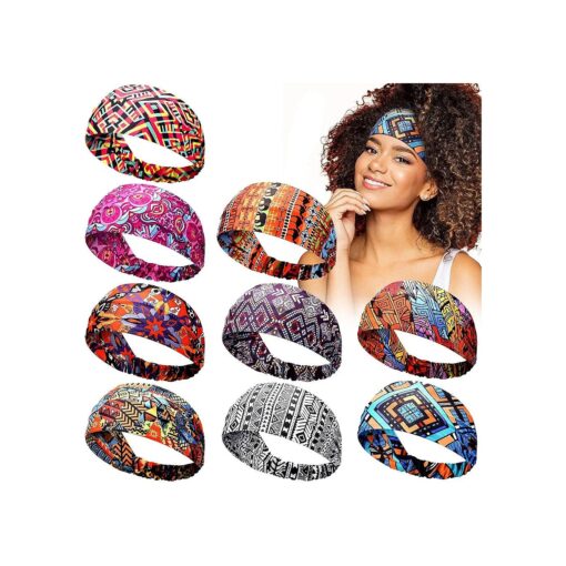 WILLBOND 9 Pieces African Headbands Stretchy Boho Print Hairband Yoga Running Sports Workout Head Grip Band Elastic Turban for Women Girls Hair Accessories ( Chic Pattern )