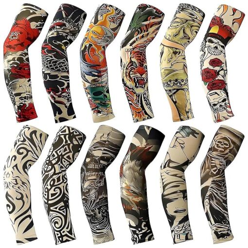 Tattoo Sleeves for Men, 12Pcs Arm Sleeves Fake Tattoos Sleeves to Cover Arms Cooling Sun Protection Sleeves