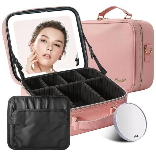 Mocado Travel Makeup Bag with LED Lighted Mirror, Travel Makeup Organizer, Makeup Case with 3 Color Lighted Setting and 10x Magnifying Mirror, Portable Storage and Adjustable Dividers Makeup Box ( Pink )