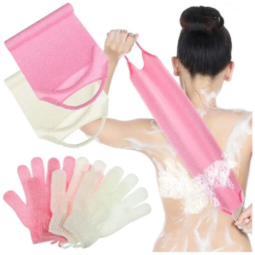 4 Pack Exfoliating Shower Bath Gloves Back Scrubber Set, 2 Exfoliating Body Scrubber Nylon Back Washer, 2 Pairs Scrub Gloves for Women Men Children Skin Pull Strap Washcloth ( Pink, Beige )