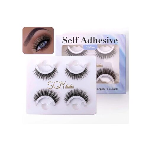 Glueless Lashes, Adhesive Lashes no Glue, Stick on Lashes, Self Adhesive Eyelashes Natural Look, Reusable and Waterproof ( Black Color, 2 Pairs )