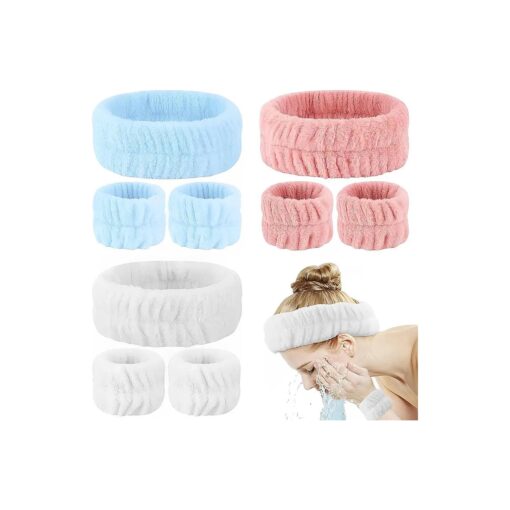 9Pcs Spa Headband and Wrist Washband Set, 3 Pieces Makeup Facial Face Wash Headband and 6 Pieces Wrist Bands for Washing Face Terry Cloth Headbands for Women Girls ( Set 1 )