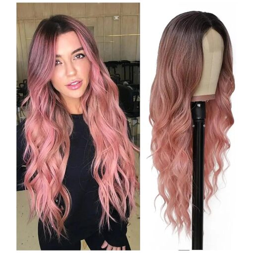 Long Pink Wig for Women Wavy Pink Ombre Hair Wig Colorful Wig with Super Natural Looking Synthetic Hair Replacement Wig Costume Cosplay Halloween Wig ( 26" Pink Ombre )