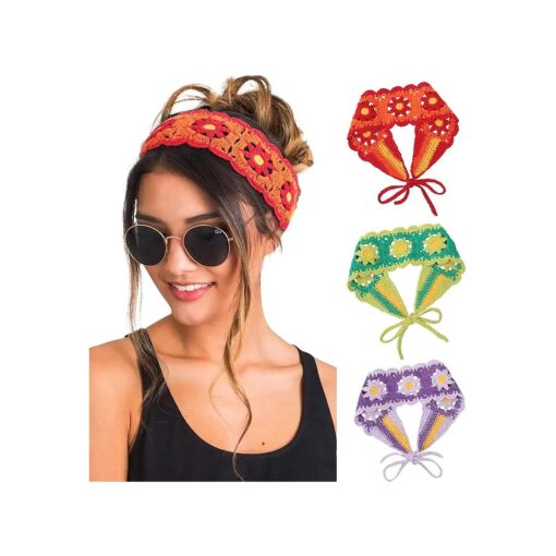 HAIMEIKANG Hippie Hair Bandanas Headbands for Women Boho Headband Knit Hair Bands Floral Head Wrap for Girls ( red+green+pueple )