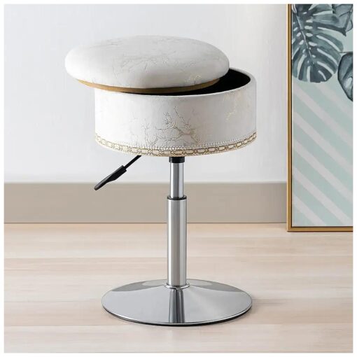 Velvet Storage Ottoman Vanity Stool Makeup Chair, 18" to 23" Height Adjustable Foot Stool Round Footrest Coffee Table, White Modern Accent Stools,360 Swivel Make up Stool for Living Room Bedroom