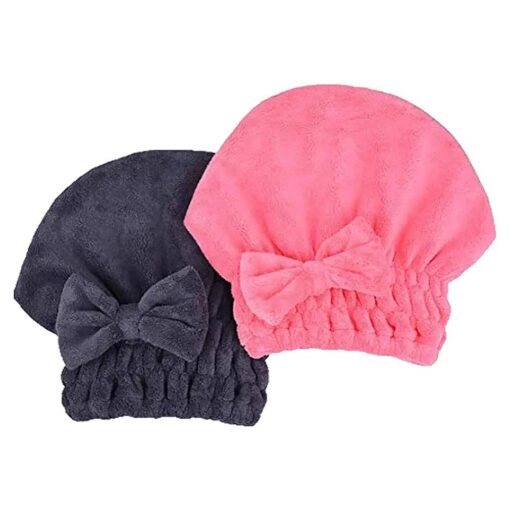 Microfiber Hair Drying Towels Head wrap with Bow-knot Shower Cap Hair Turban hairWrap Bath Cap For Curly Long & Wet Hair gift for women 2pack