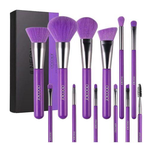 Docolor Makeup Brushes 10Pcs Makeup Brush Set Premium Synthetic Powder Kabuki Foundation Contour Blush Concealer Eye Shadow Blending Liner Make Up Brush Kit Neon Purple