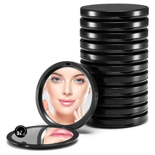 Compact Mirror Bulk, Set of 12 Double-Sided 1X/3X Magnifying PU Leather Round ( Black, 2.7inch Diameter )