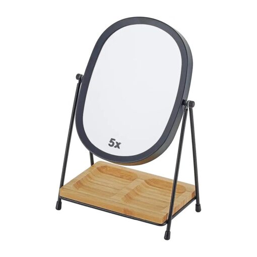 Tabletop 5x/1x Magnifying Makeup Mirror with Squared Bamboo Tray Small Desk Mirror 360deg Rotation Vanity Mirror with Stand Desktop Cosmetic Mirror