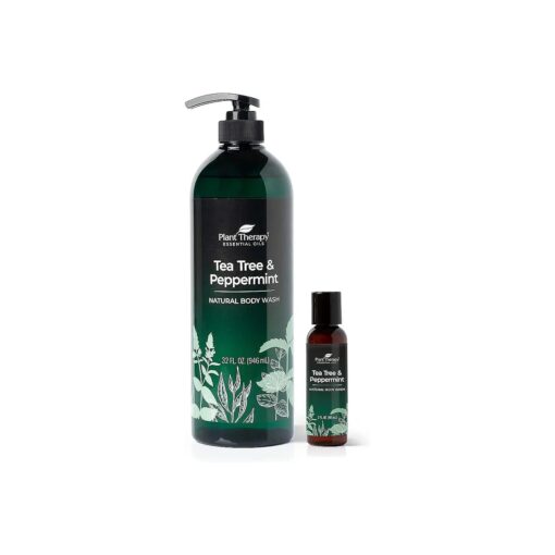 Plant Therapy Tea Tree and Peppermint Essential Oil Natural Body Wash w/pump 32 oz with 2oz Travel Size, For all Skin Types, Sulfate Free Body Wash, For Men or Women