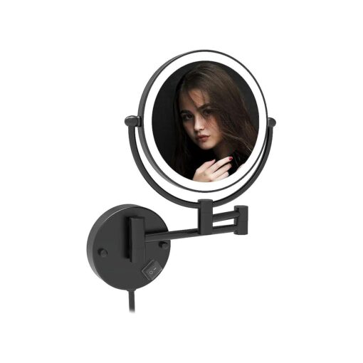 Fixsen 8 Inch LED Wall Mount Two-Sided Magnifying Makeup Vanity Mirror 12 Inch Extension Matte Black 1X/7X Magnification Plug 360 Degree Rotation Waterproof Button Shaving Mirror