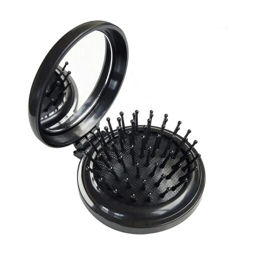 Folding Hair Brush Mini Round Comb with Mirror Portable Travel HairBrush Pocket Compact Massage Combor for Women & Girls Small Purse, Gym, Trip, School Camping ( Black ), 2.5x7.5x6.5cm