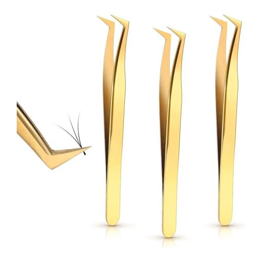 3 Pieces Volume Tweezers Eyelash Extension Tweezers Curved 6A Tip False Lash Tweezers Stainless Steel Precision Tweezers for Individual and 3D 6d Volume Eyelash Extension ( Gold )