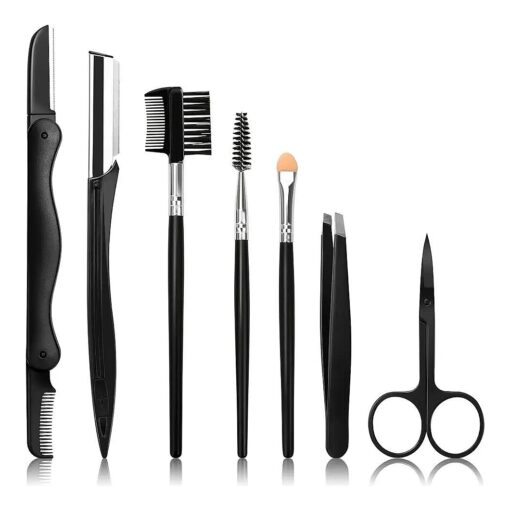 Eyebrow Razor, 7 in 1 Eyebrow Kit, Eyebrow Trimmer Set Including Brow Razors, Brush, Scissors, Tweezers, with Plastic Box for Women Men Eyebrow Eyelash Facial Grooming