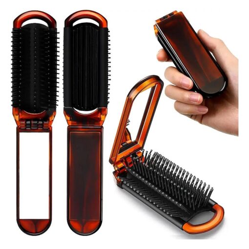 4 Pcs Folding Hair Brush with Mirror Portable Mini Hair Brush Small Compact Pocket Hair Comb for Family School Travel Car Gym Wig Bag Purse Gift Women Kids ( Tortoiseshell )