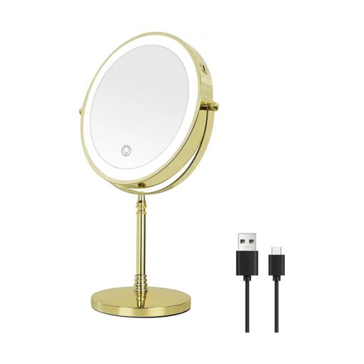 Rechargeable Lighted Makeup Mirror 10x Magnification Vanity Mirror Tabletop Two-Sided Swivel Gold Finish