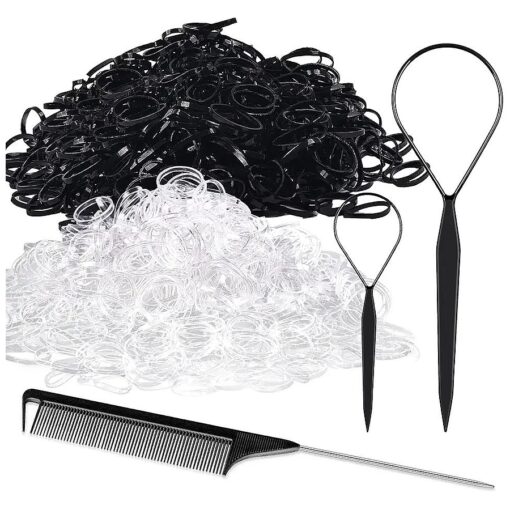 Topsy Tail Hair Tool, IKOCO 1000pcs Hair Rubber Bands with Hair Loop Styling Tool Set, 500pcs Clear Hair Elastics 500pcs Black Rubber Bands for Hair 2pcs Hair Loop Tools 1pc Rat Tail Comb