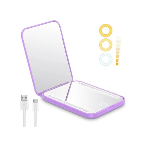 Benbilry Mini Compact Travel Makeup Mirror with Light, Rechargeable Pocket Mirror with 3 LED Dimmable Colors & 1X/3X Magnification, Magnetic Closing Memory Small Purse Mirrors, Gift for Women, Purple