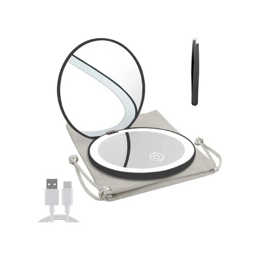 Compact Mirror with LED Light,1x/10x Magnifying Rechargeable Mirror,3.5in Pocket Mirror, Dimmable Travel Mirror for Purse, Handbag, Pocket, Handheld 2-Sided Makeup Mirror ( Black )