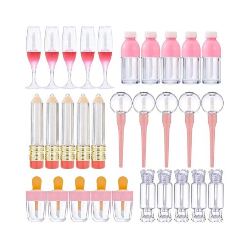 30 Pcs Cute Empty Lip Gloss Tubes, 6 Styles Lip Glaze Tubes Novelty Red Wine Glass Lip Oil Bottles Empty Lip, Refillable Lip Balm Containers for Women Girls DIY ( 5/8/10ML )