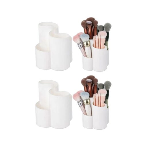 Yesesion 4 Pack Plastic Makeup Brush Holder for Desk, Round Cosmetics Brushes Organizer with 4 Compartment, Storage Cup for Lipsticks, Pencils, Marker Pens in Vanity, Bathroom, Dresser ( White )