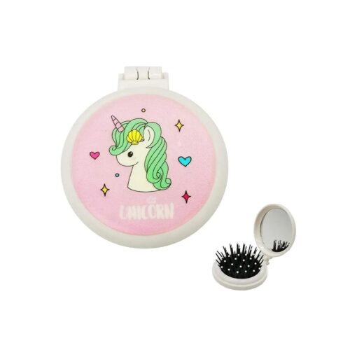 Folding Hair Brush, Pink Pop Up Hair Detangler Brush with Pocket Compact Mirror Bristle Massage Cushion Brush Collapsible Hairbrush for Kids Girls Makeup Travel Birthday Gifts, Unicorn Hair Brush