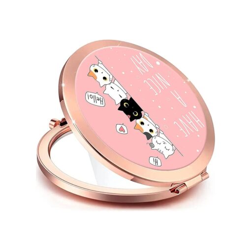 Compact Mirror for Women, Round Mini Pocket Travel Makeup Mirror, Pretty Portable Folding Small Pocket Mirror for Handbag, Purse, Double Sided Handheld Mirror ( Rosegolden Nice Day Cat )