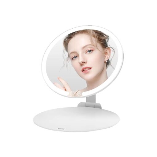 Rechargeable Travel Makeup Mirror with 3 Dimmable Color Lights, Touch Screen, 1500mAh, Adjustable Height and Angle, Compact Foldable Lighted Desk Vanity Mirror for Travel Daily Business Work