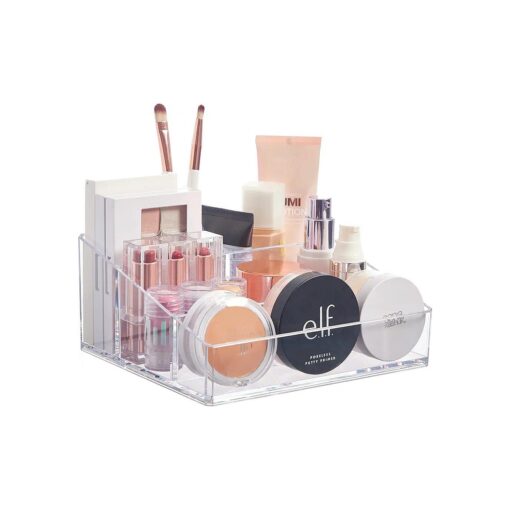 STORi Clear Plastic Vanity Makeup Organizer | Compact Rectangular 4-Compartment Holder for Brushes, Eyeshadow Palettes, & Beauty Supplies | Made in USA