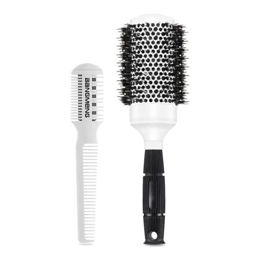 Round Brush for Women Blow Drying, 2 inch Barrel Large Round Brushes with Ball Tip, Boar Bristles Hair Brush, Nano Tech Thermal Ceramic Ionic, Double Edge Razor Comb for Hair Cutting Included