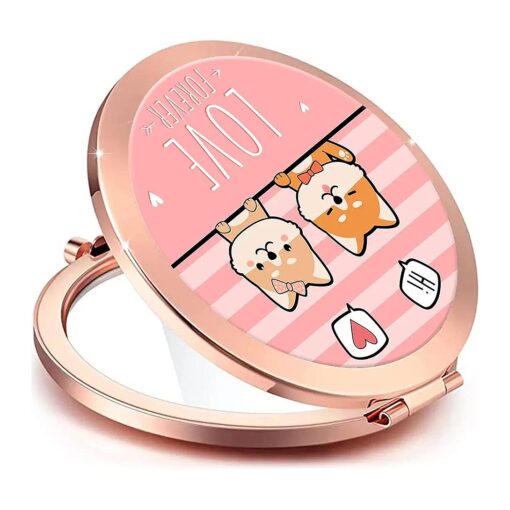 Compact Mirror for Women, Round Mini Pocket Travel Makeup Mirror, Pretty Portable Folding Small Pocket Mirror for Handbag, Purse, Double Sided Handheld Mirror ( Rosegolden Love Forever )