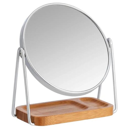 Basics Vanity Round Tabletop Mount Mirror with Squared Bamboo Tray Magnification, Chrome & Bamboo, 7.68" L x 3.35" W