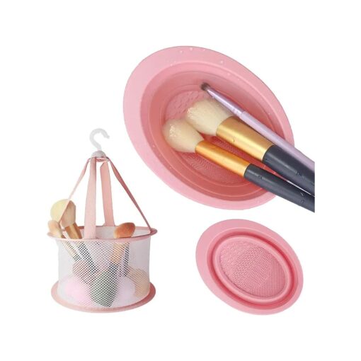 Makeup Brush Cleaning Mat & Hanging Drying Net, Foldable Silicone Makeup Brush Cleaner Brush Cleaning Pad cleaning bowl with Mesh Drying Rack Basket to dry Makeup Sponge, powder puff, brush ( Pink )