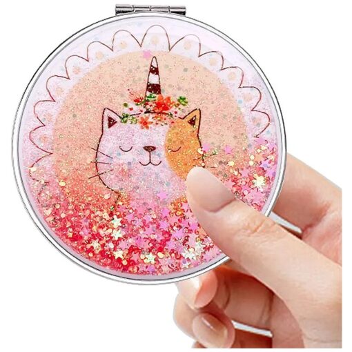 Compact Mirror, Pocket Mirror, Acedada Portable Travel Makeup Mirror with Glitter Quicksand, Small Mirror for Purse, Folding Double-Sided 1x/2x Magnifying Compact Mirror for Women Girls Gift - Red cat